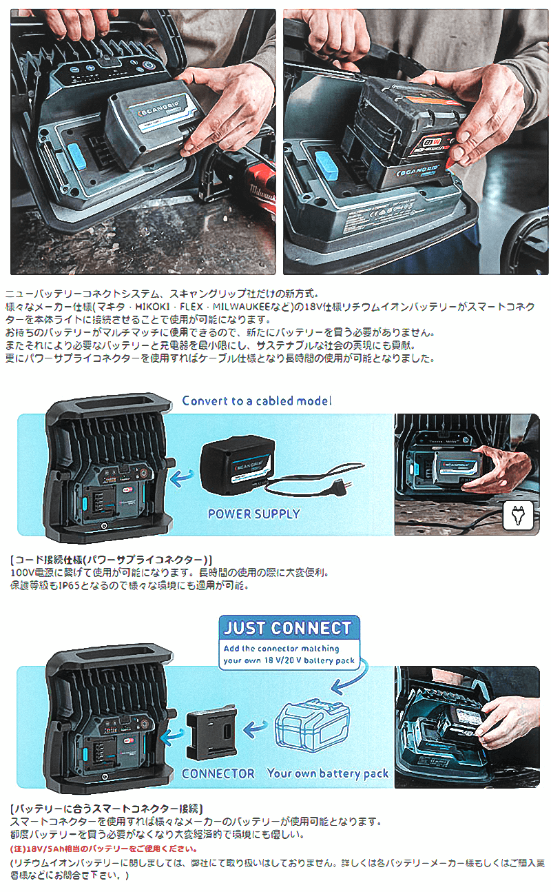 [バッテリーに合うスマートコネクター接続]
スマートコネクターを使用すれば様々なメーカーのバッテリーが使用可能となります。
都度バッテリーを買う必要がなくなり大変経済的で環境にも優しい。